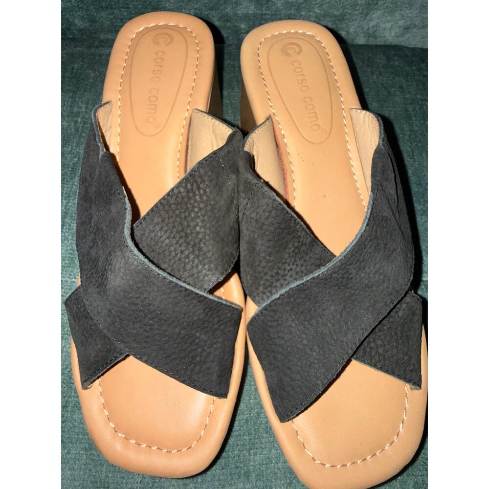 Corso Como Black Nubuck Crossband Platform Block Heel Slide Sandal Mule Women 7